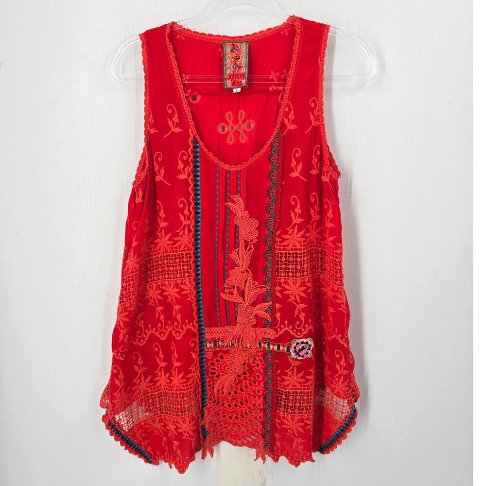 Johnny Was Embroidered Eyelet Lace Tunic Tank Orange Boho Cupra Rayon S